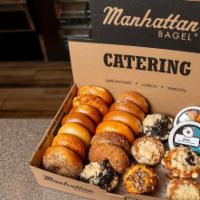 Broadway Breakfast Box · Includes 13 assorted bagels, six assorted pastries with two tubs of cream cheese and butter ...