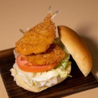 Miyagi Fried Fish Burger · Fried Aji fillet with lettuce, tomato and house made tartar sauce on a potato bun