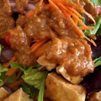 Thai Salad · Lettuce, tomato, cucumber, carrot, and fried tofu served with peanut dressing.