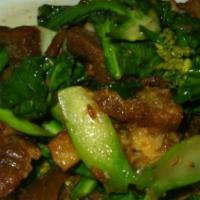 Kana Moo Grob · (Crispy pork belly Chinese broccoli) sautéed crispy pork belly and Chinese broccoli in oyste...