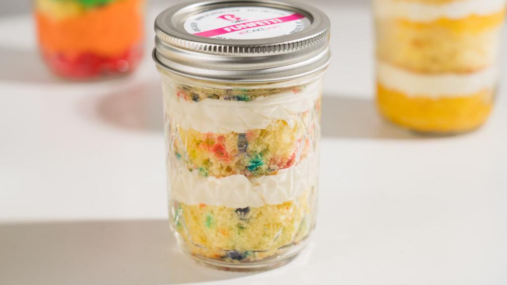 Funfetti Cake Jar · We are now offering our Cake Jars in an 8oz size! Our Cake Jars are two servings of moist cake and sweet buttercream in our most popular flavors sealed in a jar creating an extra concentrated taste of mouth-watering goodness. 8oz.