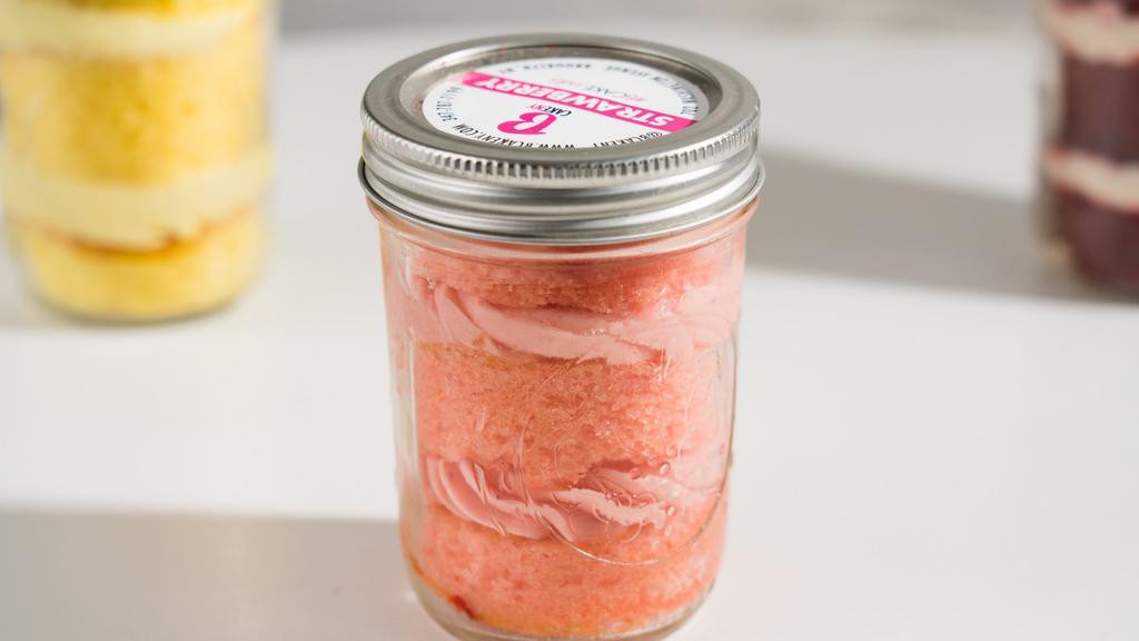 Strawberry Cake Jar · We are now offering our Cake Jars in an 8oz size! Our Cake Jars are two servings of moist cake and sweet buttercream in our most popular flavors sealed in a jar creating an extra concentrated taste of mouth-watering goodness. 8oz.