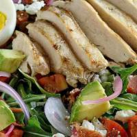 Green Goddess Cobb Salad With Chicken · Diced cooked chicken, arugula, romaine lettuce, mix spring lettuce, grape tomatoes, red onio...