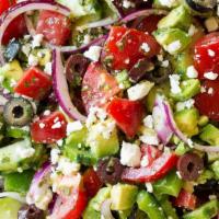 Greek Salad · Romaine lettuce, grape tomatoes, feta chesse, red onions in strips, diced cucumber, black ol...
