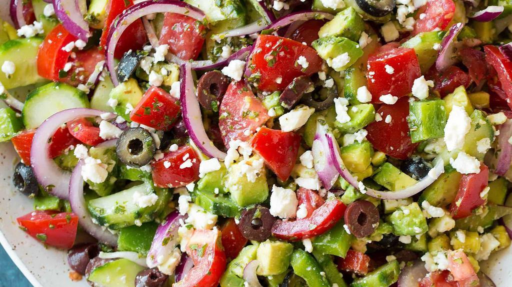 Greek Salad · Romaine lettuce, grape tomatoes, feta chesse, red onions in strips, diced cucumber, black olives, pepperoncini, salt, black pepper. Greek dressing.