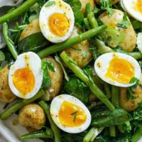 Egg Romaine Salad · Romaine lettuce, boiled potatoes, boiled egg in slices, chopped parsley, mayonnaise, asparag...