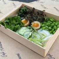Kitsune Salad · Mountain yam noodle, edamame, spinach, soy sauce egg, sprouts & greens, sesame vinaigrette