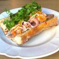 Funky Banh-Mi · Pâté, French ham, pickled daikon & carrot, cilantro, kewpie mayo, fresh chilis; served on a ...