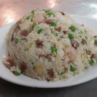 House Fried Rice / 阿爺炒飯 · Roast pork, shrimp, eggs and mixed vegetable.