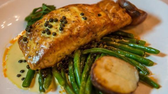 Pepper Verde Salmon · Pan Seared Salmon with in a Peppercorn Reduction sauce. Served with string beans..