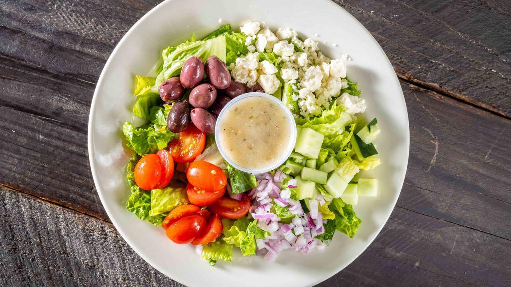 Greek Salad · mixed greens, grape tomatoes, cucumbers, red onions, kalamata olives, feta, italian vinaigrette (255/510 cal)