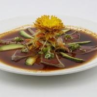 Tuna Tataki S · Raw. Black pepper tuna with scallions, daikon radish, ponzu sauce.