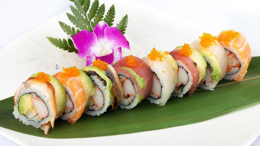 Rainbow Maki S · Raw. Crabstick and cucumber, avocado inside, topped with tuna, salmon, white fish and avocado.