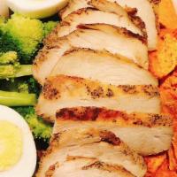 Tokyo Chicken Rice Bowl · Roasted pepper chicken, boiled egg, steamed broccoli, roasted sweet potatoes with teriyaki s...