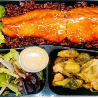Grilled Salmon Teriyaki (475 Cal)(Wild Alaskan Salmon) · Grilled Salmon, Marinated Brusseles Sprouts, Broccoli and White Rice or Purple Brown Rice wi...