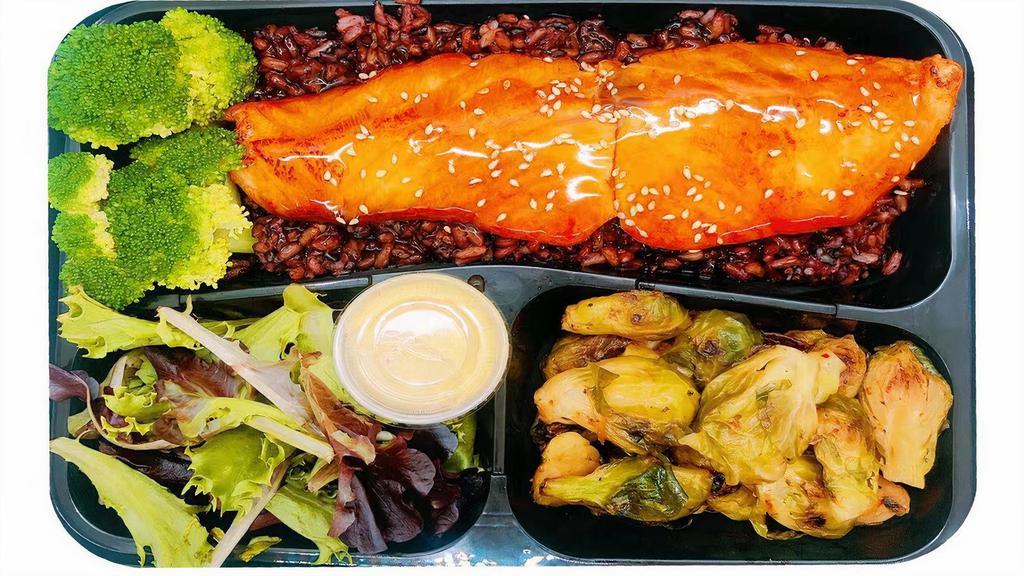 Grilled Salmon Teriyaki (475 Cal)(Wild Alaskan Salmon) · Grilled Salmon, Marinated Brusseles Sprouts, Broccoli and White Rice or Purple Brown Rice with Teriyaki Sauce