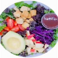 Rainbow Kale (280 Cal) · Kale,avocado,purple cabbage,grape tomato, apple,raisins,croutons,Balsamic Vinaigrette