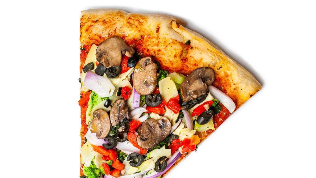 Veggie Jackson · sautéed spinach, broccoli, mushrooms, red onions, roasted red peppers, artichoke hearts, black olives.