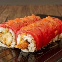 Red Dragon Roll · Shrimp tempura, avocado topped with tuna,masago, sesame and special sauce.