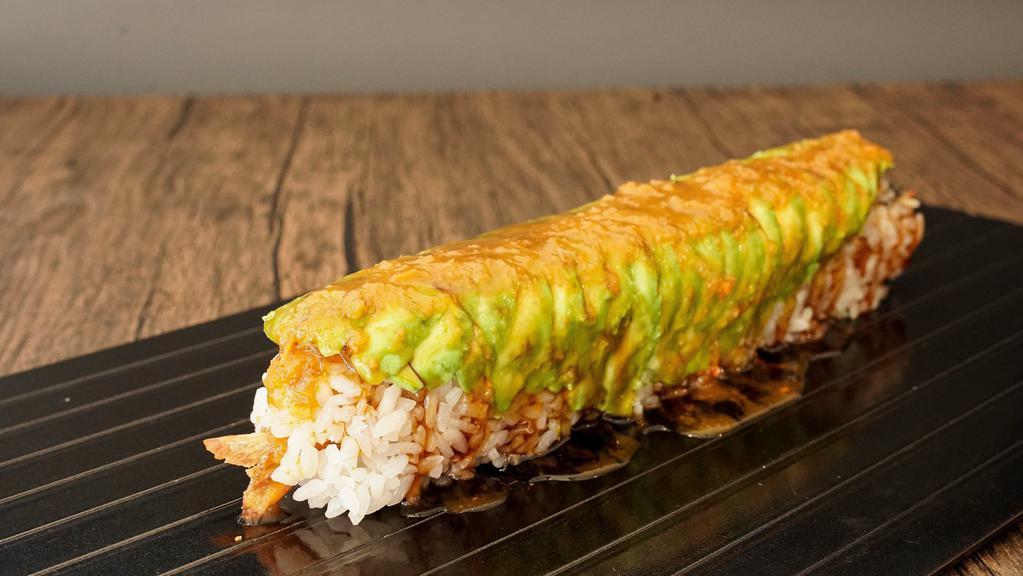 Chloe Roll · shrimp tempura, avocado topped with avocado, masago, sesame, sweet sauce and special sauce