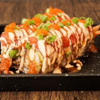 Spicy Red Dragon Roll · Shrimp tempura, avocado topped with spicy tuna, special sauce and spicy mayo.