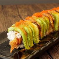 Dj Roll · shrimp tempura, cream cheese topped with avocado, eel, masago, sesame, sweet sauce and speci...