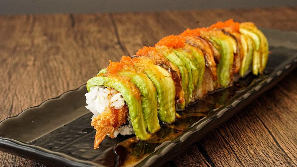 Dj Roll · shrimp tempura, cream cheese topped with avocado, eel, masago, sesame, sweet sauce and special sauce