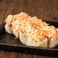 Fire Double Crab Roll · Crab tempura, avocado and topped with spicy crab-nobu style.