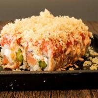 Philly Love · salmon, cucumber, asparagus, cream cheese topped with spicy tuna, crunch, spicy mayo and swe...