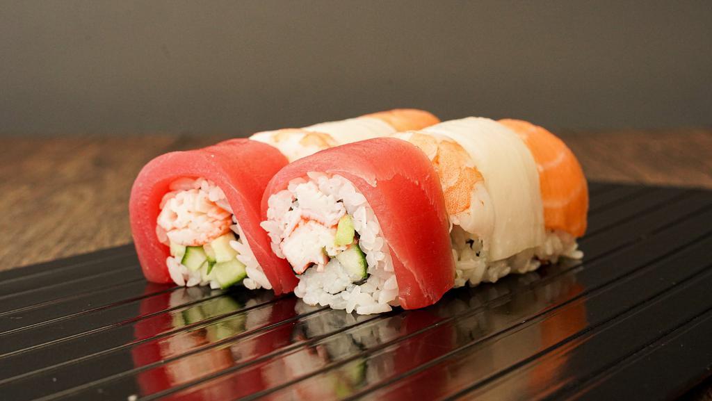 Rainbow Roll  · Crab, avocado, cucumber topped with tuna, salmon, white tuna and shrimp