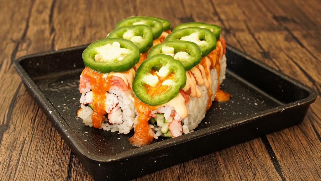 Super Fire Roll · Spicy crab topped with spicy tuna, special spicy sauce and jalapeno.