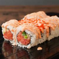 Dynamite Roll · Spicy tuna, white fish, scallion and masago with spicy mayo.
