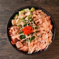 #1 Poke Bowl · salmon, spicy tuna, crab meat, avocado, masago, seaweed salad, salad&rice based with special...