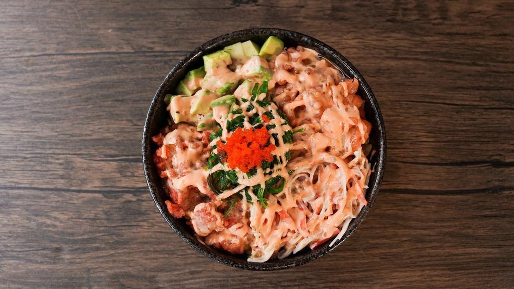 #1 Poke Bowl · salmon, spicy tuna, crab meat, avocado, masago, seaweed salad, salad&rice based with special sauce