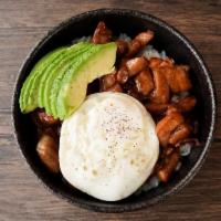 Chicken Teriyaki Bowl · Chicken teriyaki and rice topped with avocado, egg, and scallion