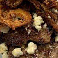 Black & Blue Smash · Blue Cheese Crumbles/ Crispy Onions/ Cajun Seasoning