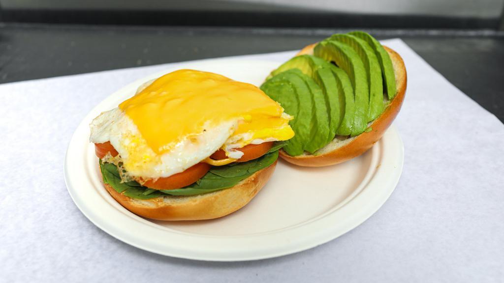 Avocado Omelet & A Bagel With Butter · Fresh avocado, tomato, onions, banana peppers and cheddar cheese. Served with home fries or hashbrowns and your choice of side.