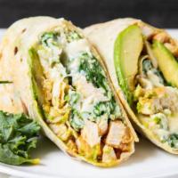 Popeye Wrap · Six egg whites, grilled chicken, spinach, avocado and Swiss cheese.