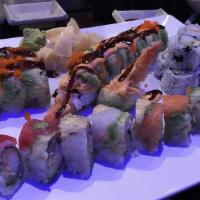 Rainbow Roll (8 Pcs) · Raw. Crabmeat, avocado, cucumber topped with tuna, and salmon whitefish.