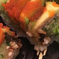 Dragon Roll (8 Pcs) · Eel, cucumber topped with avocado, masago and eel sauce.