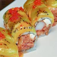Lava Roll (8Pcs) · Crab meat, spicy tuna, cream cheese rolled inside out, topped with fresh sliced mango and ki...