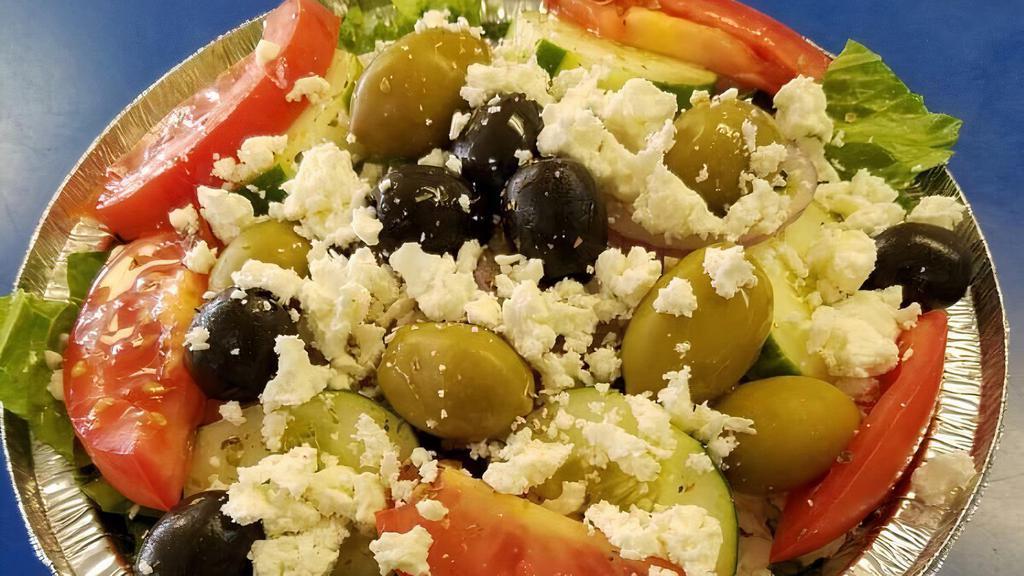 Greek Salad (Small) · Romaine lettuce, feta cheese, tomatoes, cucumbers, onions, green and black olives, oregano and extra virgin olive oil.
