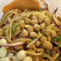 Vegan Chickpeas Ceviche · Mix salad , quinoa , sweet potatoes Peruvian  corn and chickpeas with yellow chili and lime.