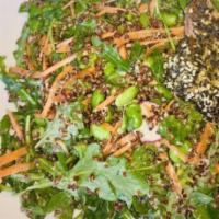 Seared Tuna Salad · Red quinoa, edamame, radish, carrot, cilantro, over a bed of arugula, wasabi-ginger dressing.