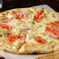 White Pizza · Our fresh, daily made pizza dough topped with garlic, olive oil, creamy ricotta and Parmesan...