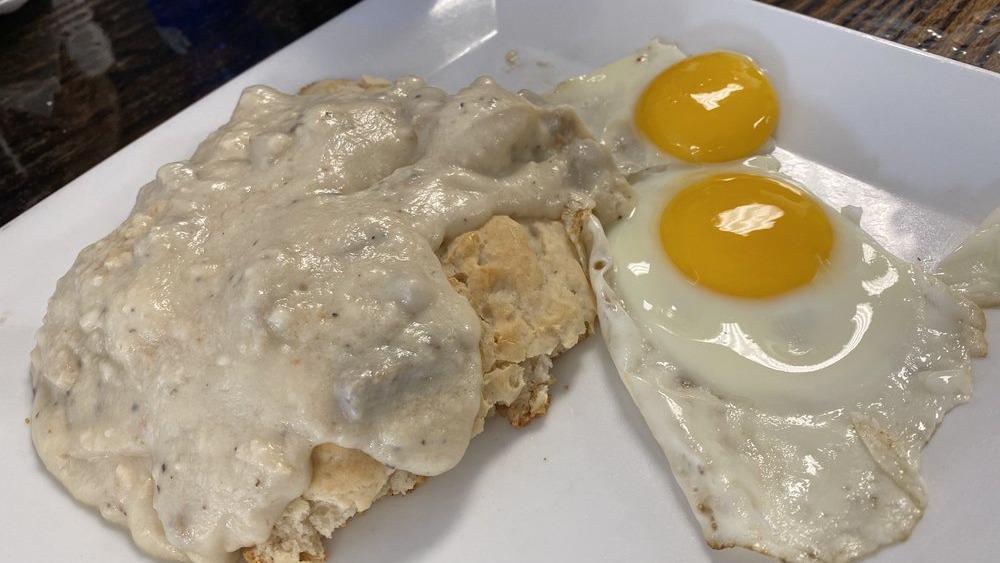 Sausage Biscuits & Gravy · homemade sausage gravy smothered on grilled biscuits