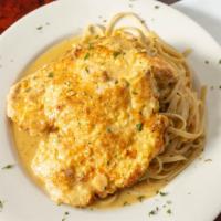 Chicken Francese · Dipped in egg, sauteed in a lemon butter wine sauce.