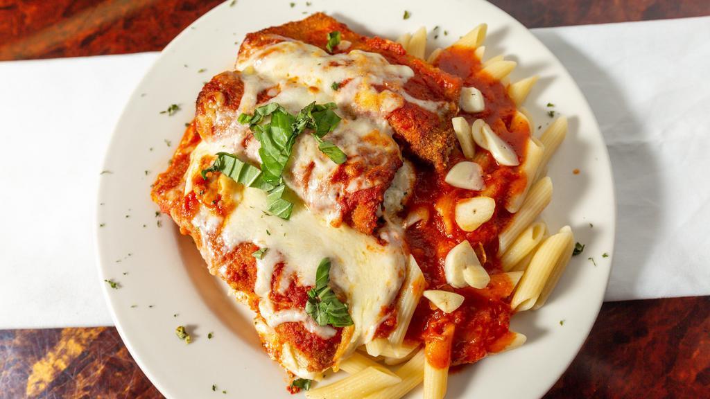 Eggplant Rollatine Pasta · Stuffed with ricotta and mozzarella, baked with tomato sauce and cheese, served with spaghetti or penne.