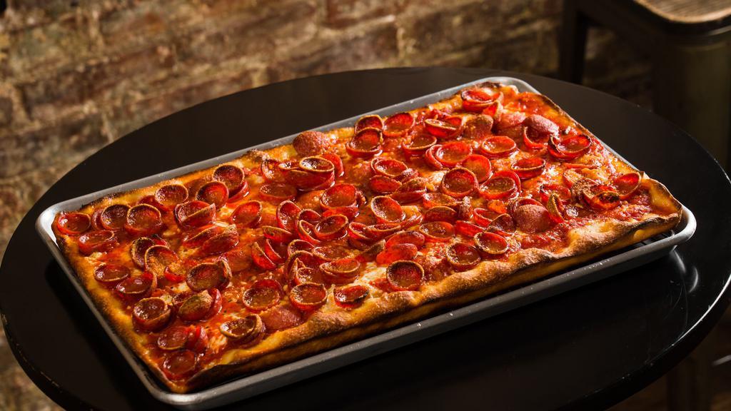 Pepperoni Square (Square) · Fresh mozzarella, hand sliced spicy pepperoni, family recipe fra diavolo sauce, extra virgin olive oil.