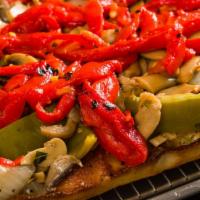 Vegan Square (Pie) · Vegan option. Roasted peppers, onions, mushrooms, extra virgin olive oil on a golden garlic ...